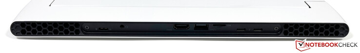 Atrás: USB-C 3.2 Gen.2 (15W Power Delivery, DisplayPort 1.4), conector estéreo de 3.5 mm, HDMI 2.1 (HDCP 2.3), USB-A 3.2 Gen.1, microSD (5.2 UHS-II), 2x USB-C c/ Thunderbolt 4 (15W Power Delivery, DisplayPort 1.4)