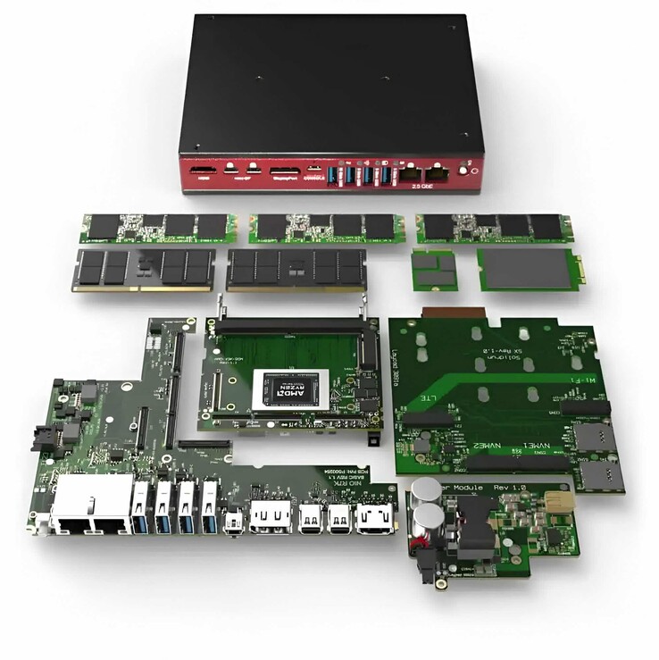 O mini PC sem ventilador Bedrock RAI300 pode ser equipado com vários módulos para expansão. (Fonte da imagem: SolidRun)