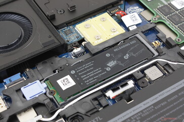 Ranhura SSD ocupada perto do centro. A Dell oferece uma pequena escotilha opcional na placa inferior para facilitar o acesso a este acionamento sem a necessidade de remover toda a placa inferior