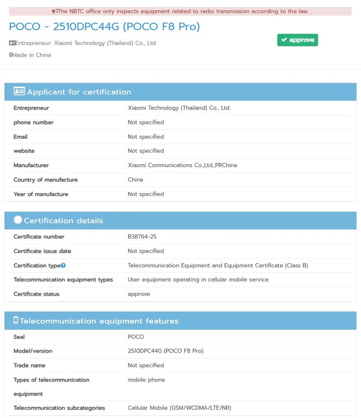 O Poco F8 Pro recebe a certificação da NBTC na Tailândia. (Fonte da imagem: NBTC)