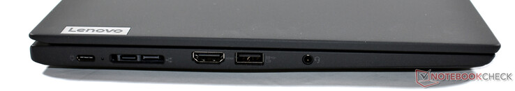 esquerda: 2x USB-C 3.2 Gen 2, porta miniEthernet/docking, HDMI 2.0, USB-A 3.2 Gen 1, áudio 3.5-mm