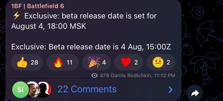 Vazamento do horário de início do beta aberto do Battlefield 6 (Fonte da imagem: GamingLeaksandRumours subreddit, 1BF Telegram channel)
