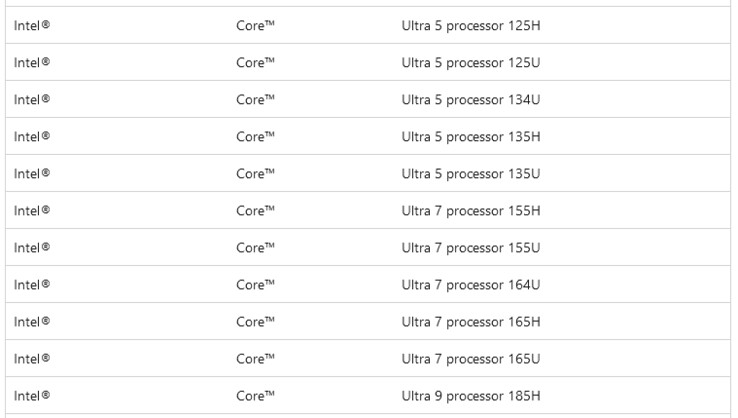 Captura de tela do documento de suporte da Microsoft com as CPUs Core Ultra (Imagem: @momomo_us)