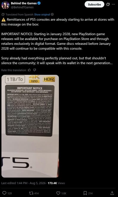 Adesivo de aviso do console PS5 sobre o fim dos jogos físicos exibido