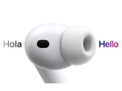 Representação artística do AirPods Pro 3 traduzindo espanhol para inglês. (Fonte da imagem: Apple)