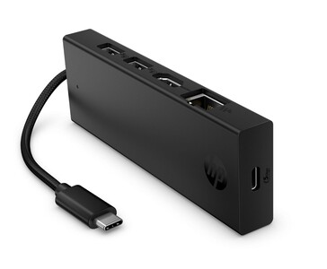 Hub USB-C 4K HDMI portátil da HP com várias portas e cabo USB-C integrado (Fonte da imagem: HP)