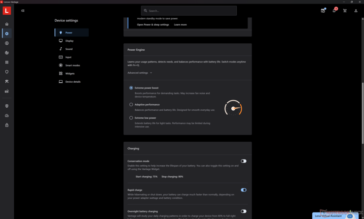 Os três perfis de energia da Lenovo podem ser acessados por meio do Lenovo Vantage. Eles também se correlacionam com os três perfis de energia padrão do Windows