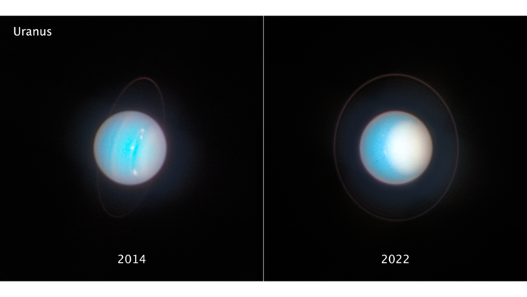 Imagens lado a lado de Urano tiradas com oito anos de intervalo com o Telescópio Espacial Hubble (Fonte da imagem: NASA, ESA, STScI e outros)