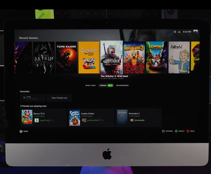 SteamOS em execução em um iMac 2019 exibindo uma interface de biblioteca de jogos com títulos como The Witcher 3, Cuphead, Fallout 4 e Skyrim. (Fonte da imagem: ETA PRIME no YouTube)