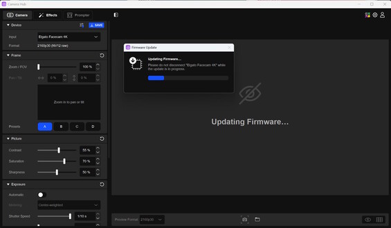 Elgato Camera Hub: Atualizar, Configurações e predefinições à esquerda 