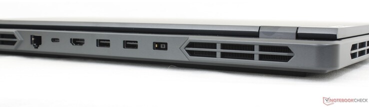 Traseira: 1 Gbps RJ-45, USB-C 3.2 Gen. 2 com PD (140 W) + DisplayPort 1.4, HDMI 2.1, 2x USB-A 3.2 Gen. 1, adaptador CA