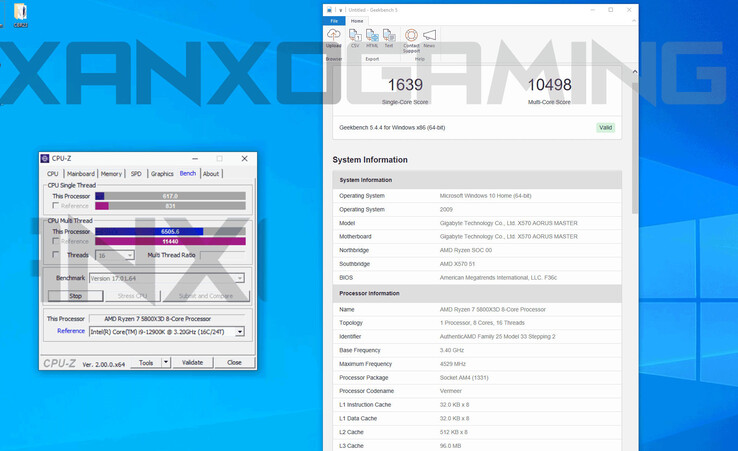 5800X3D Resultados CPU-Z e Geekbench (Fonte de imagem: XanxoGaming)