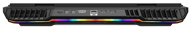 Atrás: USB 3.2 Gen 2 (Tipo C), 2x Mini Displayport (versão 1.4, G-Sync), HDMI (versão 2.1, HDCP 2.3), 2.5 Gigabit Ethernet, 2x conector de alimentação