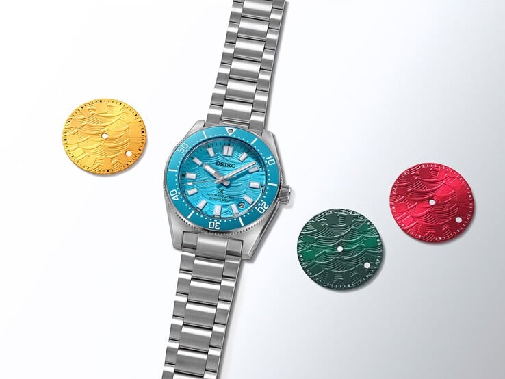 O Seiko Prospex 1965 Heritage Diver, com um mostrador azul brilhante com padrão de ondas e uma luneta combinando, rodeado por quatro designs coloridos de mostrador que representam as opções votadas pelos fãs.