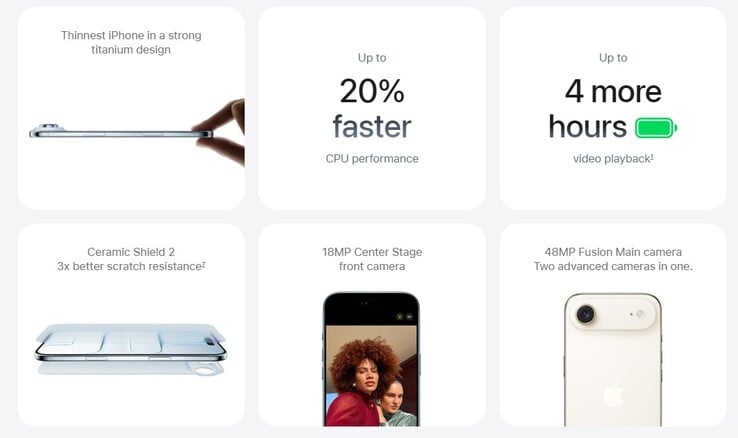 A duração da bateria e os recursos da câmera do novo iPhone Air. (Fonte da imagem: Apple)