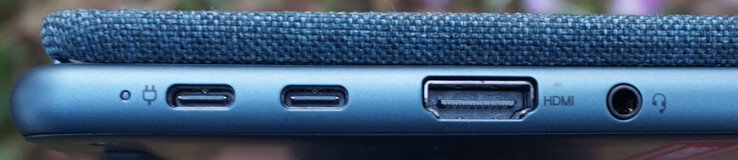 Portas à esquerda: 2x USB-C (5 Gbit/s, DP, conexão de energia), HDMI 2.0, fone de ouvido