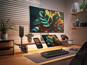 Suporte inteligente para monitor LED com acessórios.