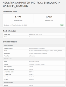 Asus ROG Zephyrus G14 com Ryzen 9 6900HS e Radeon RX 6800S em Geekbench. (Fonte: PugetBench)