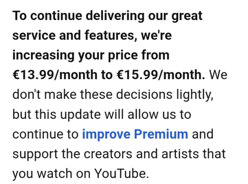 E-mail sobre o aumento do plano individual do YouTube Premium