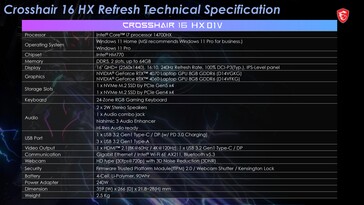 MSI Crosshair 16 HX - Especificações. (Fonte da imagem: MSI)
