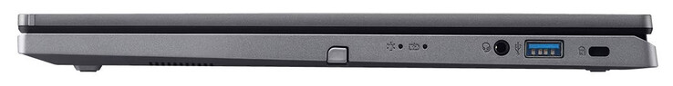lado direito: caneta stylus ativa, combinação de áudio, USB 3.2 Gen 1 (USB-A), espaço para uma trava de cabo