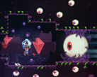 Celeste steam deal screebshot mostrando um personagem lutando contra um globo ocular gigante