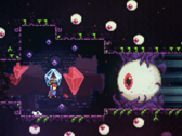 Celeste steam deal screebshot mostrando um personagem lutando contra um globo ocular gigante