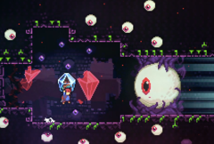 Celeste steam deal screebshot mostrando um personagem lutando contra um globo ocular gigante