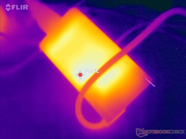 O adaptador CA atinge mais de 37 °C ao operar cargas exigentes