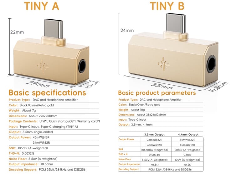 O FiiO Snowsky Tiny vem em dois modelos - um com porta de carregamento USB-C e conector de 3,5 mm, e outro com conectores de 3,5 mm e 4,4 mm. (Fonte da imagem: FiiO)