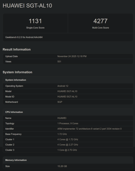 Estreia no Geekbench do Kirin 9030 (fonte da imagem: Geekbench)