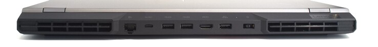 Porta LAN Rj45; USB-C 3.1 com DisplayPort 1.4 e PD; 2x porta USB Tipo A (3.2 Gen 1); HDMI; porta USB Tipo A (3.2 Gen 1/always-on); porta de alimentação proprietária