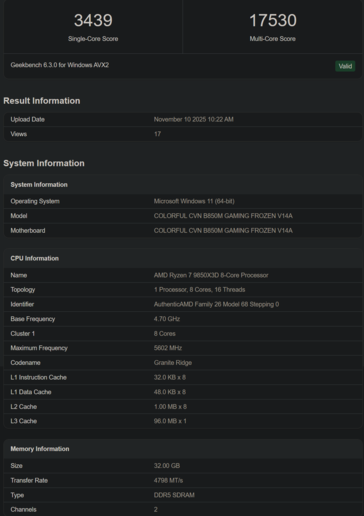 Ryzen 7 9850X3D Geekbench listing 2 (fonte da imagem: Geekbench)
