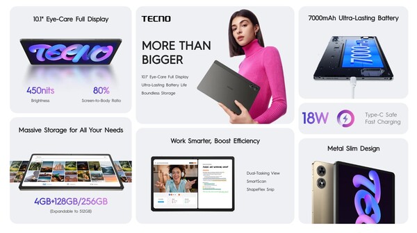 O Tecno Megapad 10 tem uma bateria de 7.000mAh e carrega a 18W. (Fonte da imagem: Tecno)
