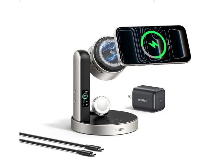 A estação de recarga vem com um adaptador e um cabo USB-C