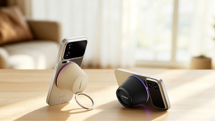 O alto-falante da Xiaomi, acoplado ao celular por meio do anel magnético, funciona como um suporte para o celular