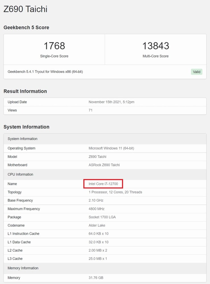 Intel Core i7-12700. (Fonte de imagem: Geekbench)