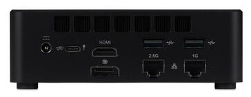 Vista traseira do mini PC iiyama mostrando as portas HDMI, DisplayPort, USB, Ethernet e de alimentação