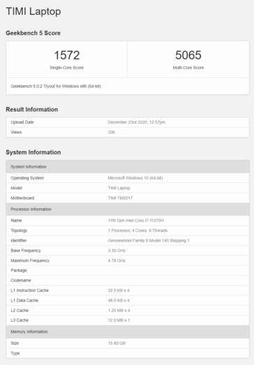 Mi Notebook Pro com Intel Tiger Lake Core i7-11370H. (Fonte: Geekbench)