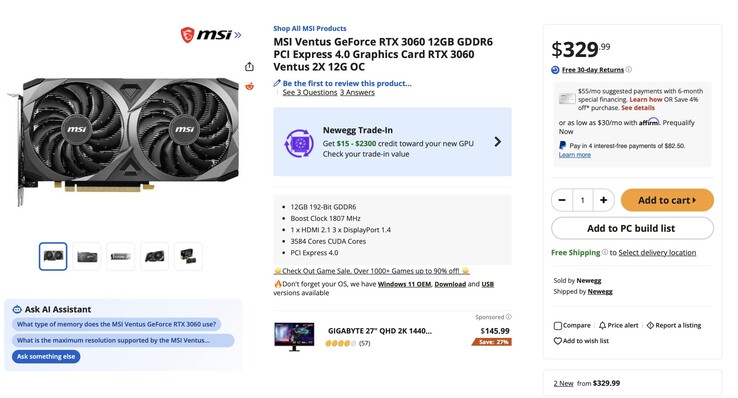 A imagem mostra a nova listagem da RTX 3060, mais especificamente a MSI Ventus RTX 3060 com 12 GB de memória, com preço de US$ 329.