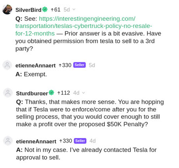 O vendedor do Cybertruck da Cars &amp; Bids explicou nos comentários que recebeu uma isenção da Tesla para vender seu Cybertruck a um terceiro. (Fonte da imagem: Cars &amp; Bids)