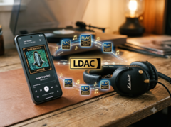 O smartphone transmite música em alta resolução para os fones de ouvido