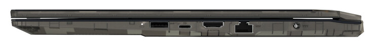 Lado direito: USB 3.2 Gen 1 (USB-A), USB 3.2 Gen 1 (USB-C; DisplayPort), HDMI 2.1, Gigabit Ethernet, porta de alimentação