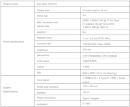 Especificações do Nitro PG271K (Fonte da imagem: Acer - tradução automática)
