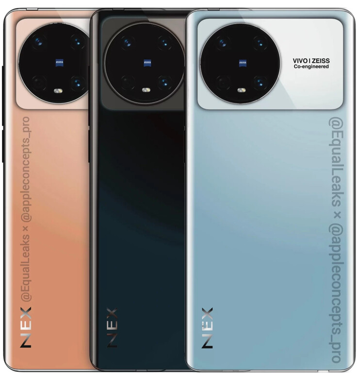 O potencial "Vivo NEX 5" é mostrado pela frente e por trás em novos renders. (Fonte: EqualLeaks x AppleConceptsPro)