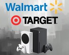 Logotipos do Walmart e da Target mostrados acima dos consoles Xbox (Fonte da imagem: Walmart, Target, Xbox Wire com edições)