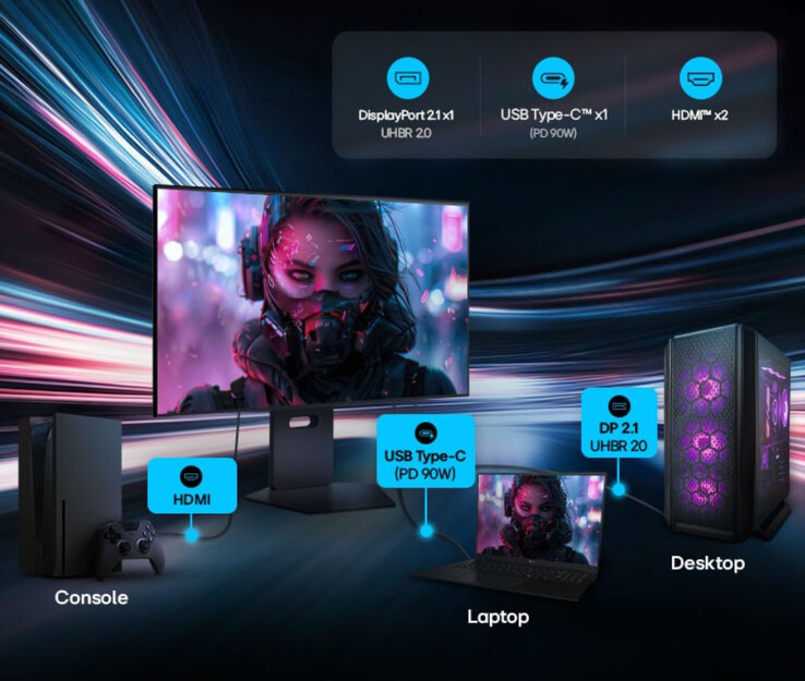 O UltraGear 32GX870B contém quatro entradas de vídeo, incluindo uma porta USB Type-C que pode recarregar dispositivos com até 90 W.