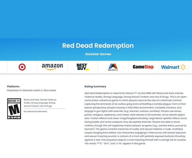 Página de classificação ESRB para Red Dead Redemption mostrando seu selo Mature 17+, plataformas listadas e um resumo detalhado do conteúdo (Fonte da imagem: ESRB)