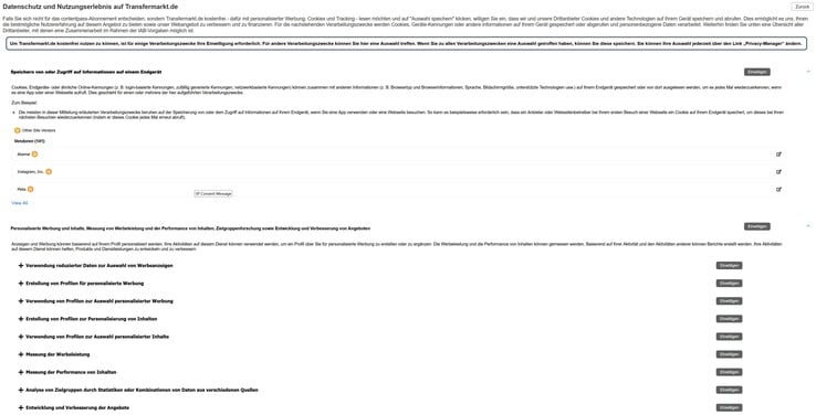 Exemplo particularmente evidente: o site transfermarkt.de
