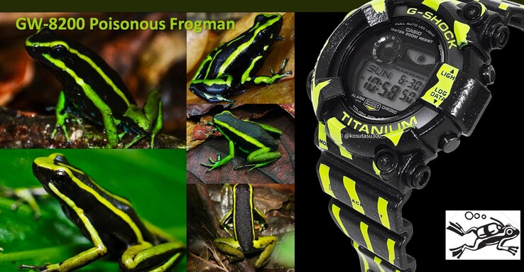 Uma possível foto que vazou do relógio Casio Frogman GW-8200TPF Poison Dart Frog (à esquerda). (Fonte da imagem: Kosutasu300 via Instagram)